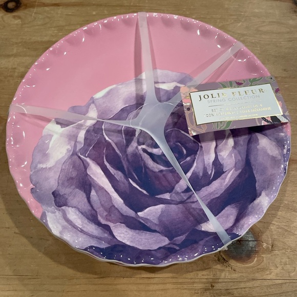 NWT Jolie Fleur Set of 4 Floral 9” Scalloped Melamine Plates Pink Purple Rouge - Picture 4 of 4